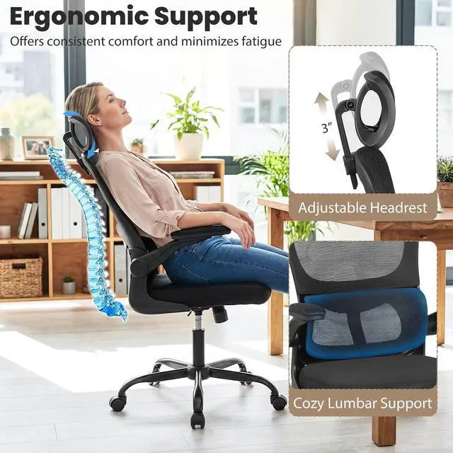 Alt view image 4 of 7 - Ergonomic Mesh Office Chair, High Back Desk Chair w/Rocking Backrest, Lumbar Support, Adjustable Headrest & Flip-up Arms, Rolling Home Office Chair w/Swivel Seat, Comfortable Computer Chair