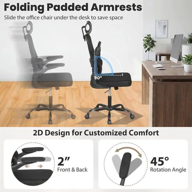 Alt view image 6 of 7 - Ergonomic Mesh Office Chair, High Back Desk Chair w/Rocking Backrest, Lumbar Support, Adjustable Headrest & Flip-up Arms, Rolling Home Office Chair w/Swivel Seat, Comfortable Computer Chair