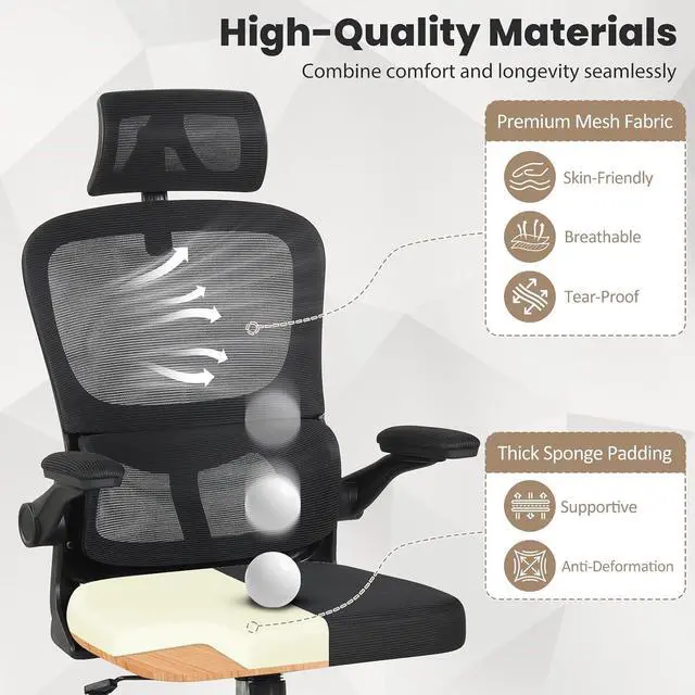 Alt view image 5 of 7 - Ergonomic Mesh Office Chair, High Back Desk Chair w/Rocking Backrest, Lumbar Support, Adjustable Headrest & Flip-up Arms, Rolling Home Office Chair w/Swivel Seat, Comfortable Computer Chair