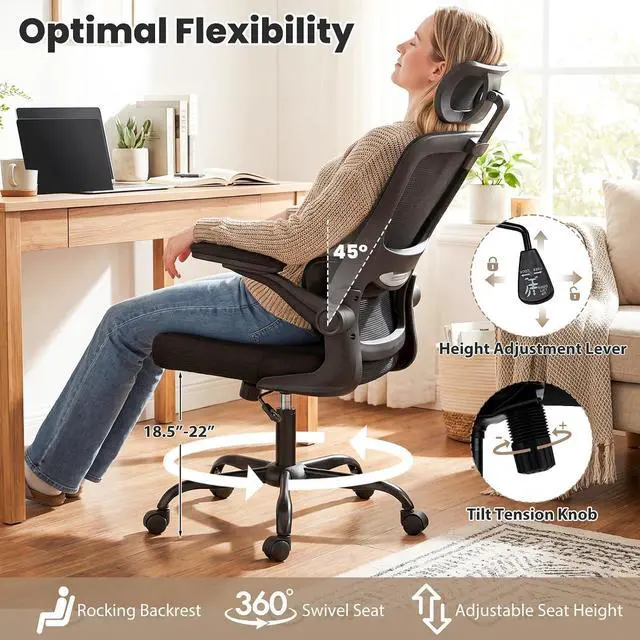 Alt view image 7 of 7 - Ergonomic Mesh Office Chair, High Back Desk Chair w/Rocking Backrest, Lumbar Support, Adjustable Headrest & Flip-up Arms, Rolling Home Office Chair w/Swivel Seat, Comfortable Computer Chair