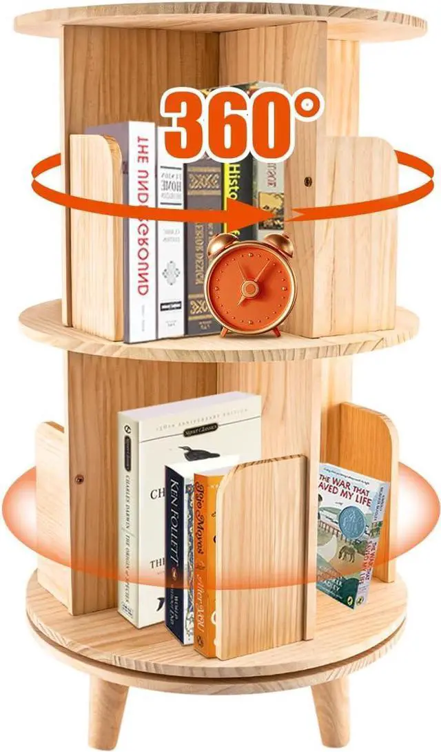 Main image of 2 Tier Rotating Bookshelf - 360 Display Floor Standing Bookcase Storage Rack for Kids & Adults Spinning Bookshelf Tower Book Rack for Classroom Free Standing Wood Bookcases