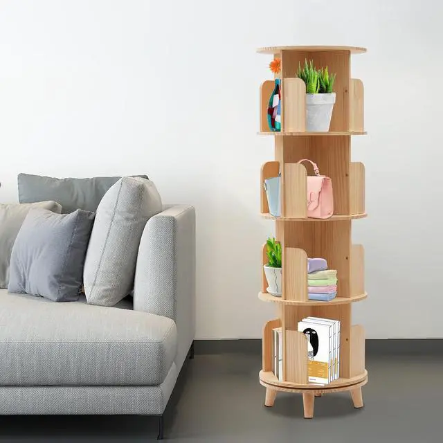 Alt view image 2 of 7 - 4 Tiers Rotating Bookshelf 360 Display Floor Standing Storage Rack for Kids & Adults Multi-Functional Organizer Spinning Tower Book Rack for Classroom Wood Bookcases