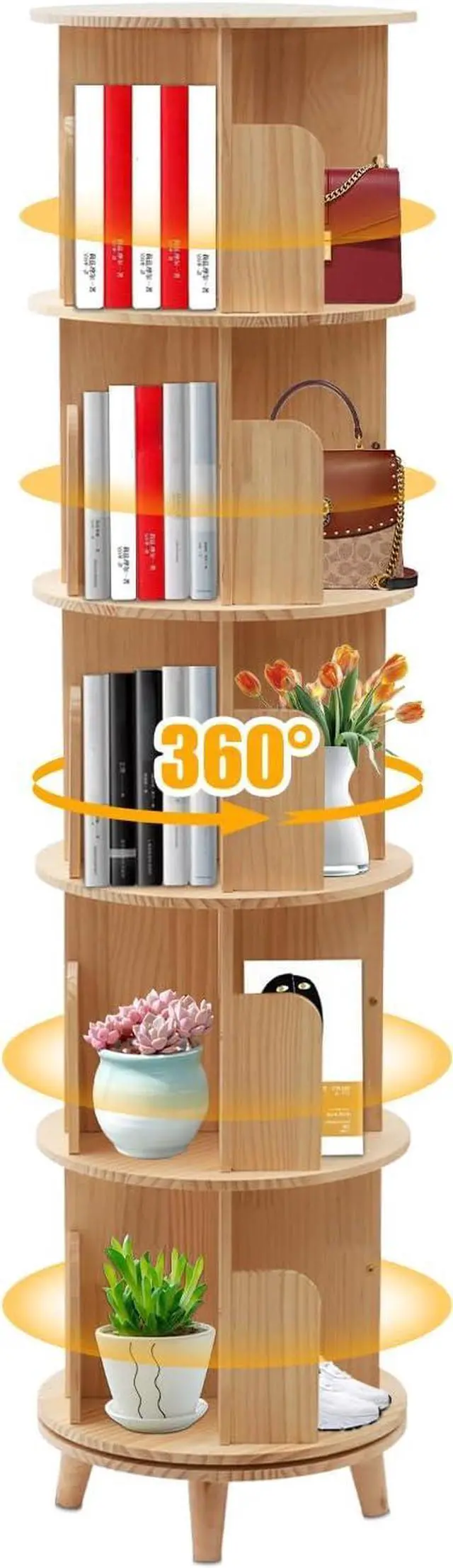 Main image of 5-Tier Rotating Solid Wood Bookshelf - 360 Spinning Tower for Home, Office, Study & Living Room