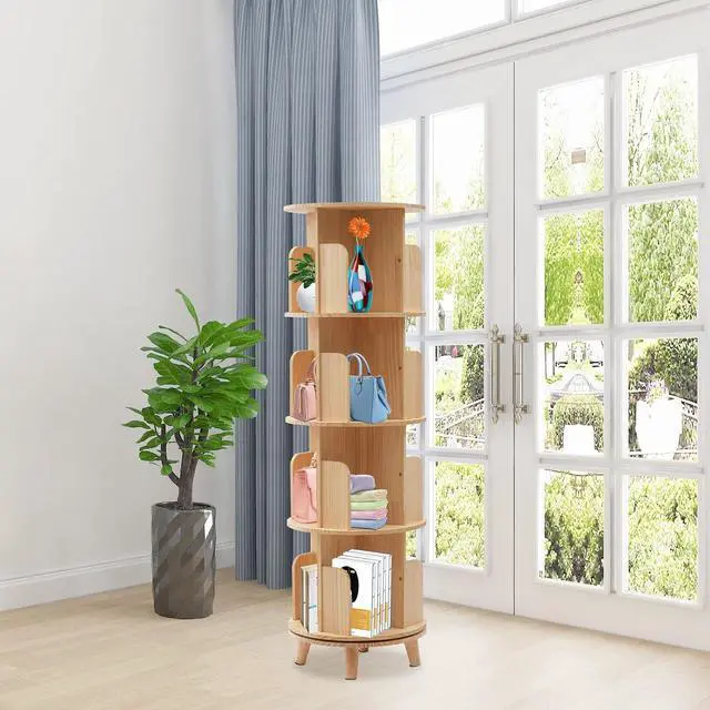 Alt view image 6 of 7 - 4 Tiers Rotating Bookshelf 360 Display Floor Standing Storage Rack for Kids & Adults Multi-Functional Organizer Spinning Tower Book Rack for Classroom Wood Bookcases