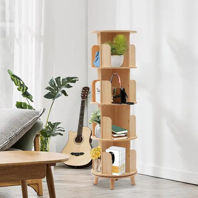 Alt view image 4 of 7 - 4 Tiers Rotating Bookshelf 360 Display Floor Standing Storage Rack for Kids & Adults Multi-Functional Organizer Spinning Tower Book Rack for Classroom Wood Bookcases