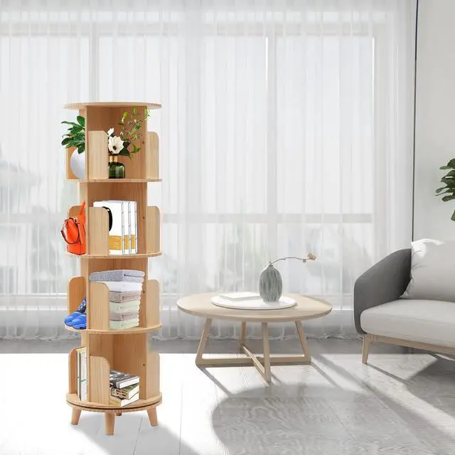 Alt view image 5 of 7 - 4 Tiers Rotating Bookshelf 360 Display Floor Standing Storage Rack for Kids & Adults Multi-Functional Organizer Spinning Tower Book Rack for Classroom Wood Bookcases