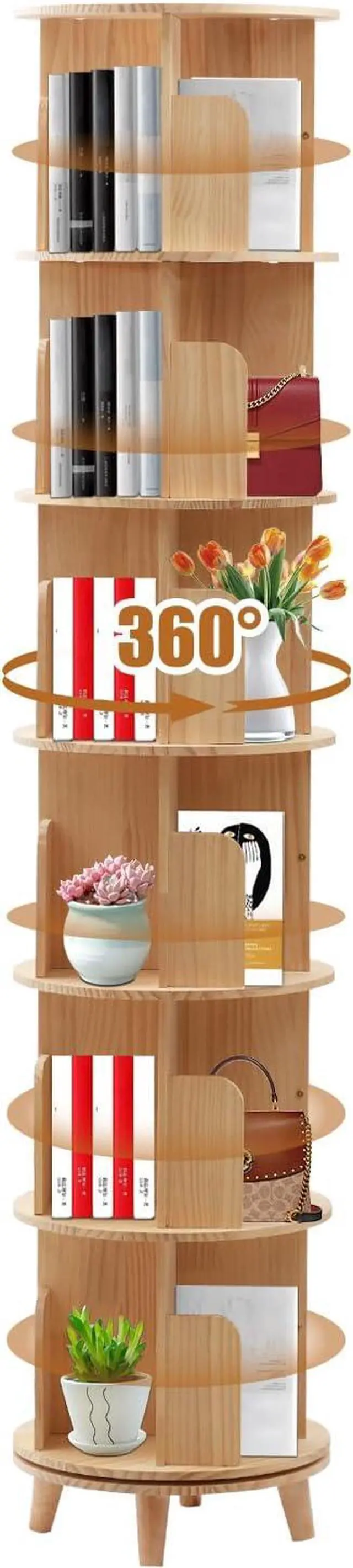 Main image of 6 Tier Rotating Bookshelf 360 Degrees Free Standing Solid Wood Organizer Spinning Tower for Kids Stackable Shelves Home Office Study Living Room DIY