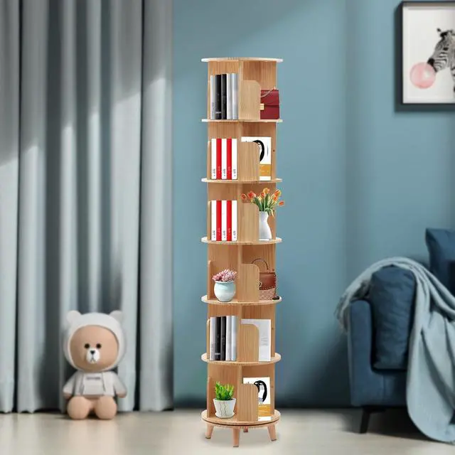 Alt view image 2 of 7 - 6 Tier Rotating Bookshelf 360 Degrees Free Standing Solid Wood Organizer Spinning Tower for Kids Stackable Shelves Home Office Study Living Room DIY