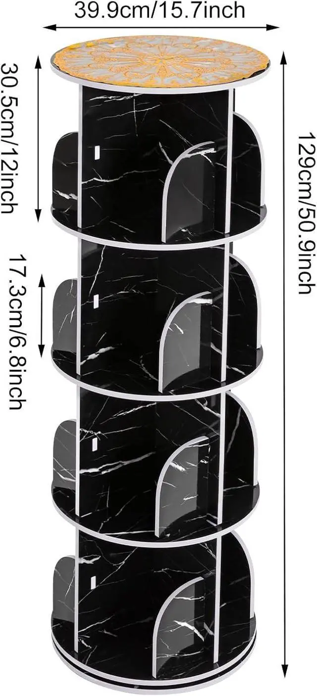 Alt view image 3 of 7 - 360° Rotating Bookshelf, 4 Tier Floor Standing Bookcase Storage Rack, Small Corner Bookshelf for Small Space, PVC Narrow Book Shelf Organizer for Bedroom, Living Room
