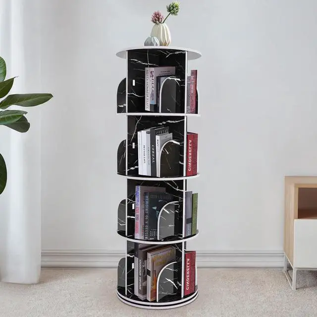 Alt view image 2 of 7 - 360° Rotating Bookshelf, 4 Tier Floor Standing Bookcase Storage Rack, Small Corner Bookshelf for Small Space, PVC Narrow Book Shelf Organizer for Bedroom, Living Room