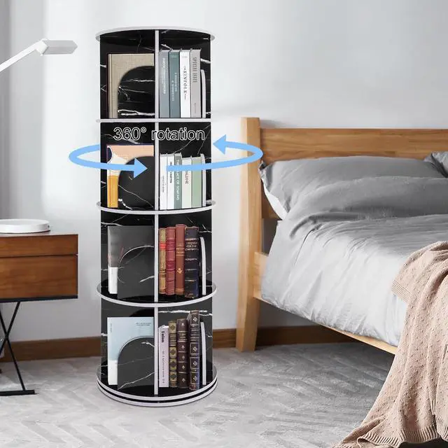 Alt view image 4 of 7 - 360° Rotating Bookshelf, 4 Tier Floor Standing Bookcase Storage Rack, Small Corner Bookshelf for Small Space, PVC Narrow Book Shelf Organizer for Bedroom, Living Room