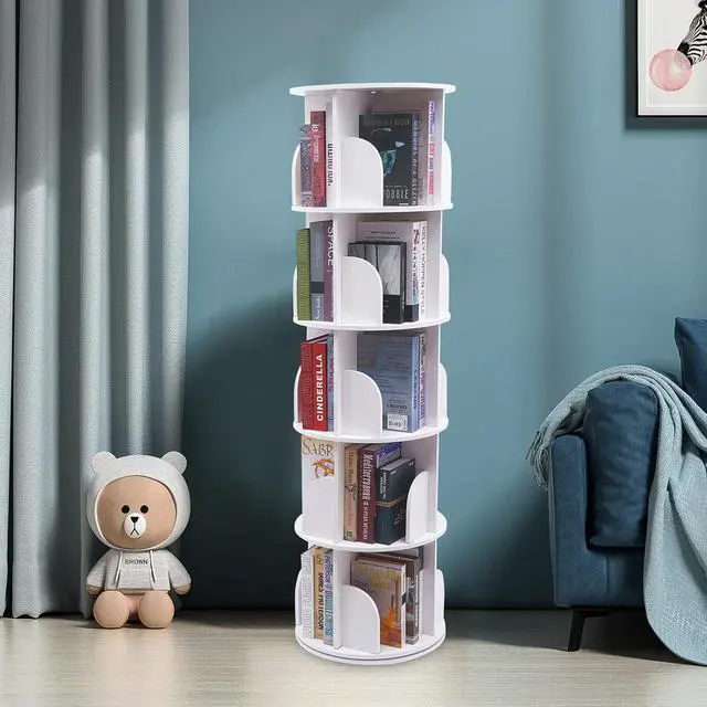 Alt view image 2 of 7 - 5 Tier Rotating Bookshelf - 360 View Display Unique Revolving Storage Rack, Floor Standing Stackable Bookshelf Organizer, Small Corner Bookshelf for Small Space