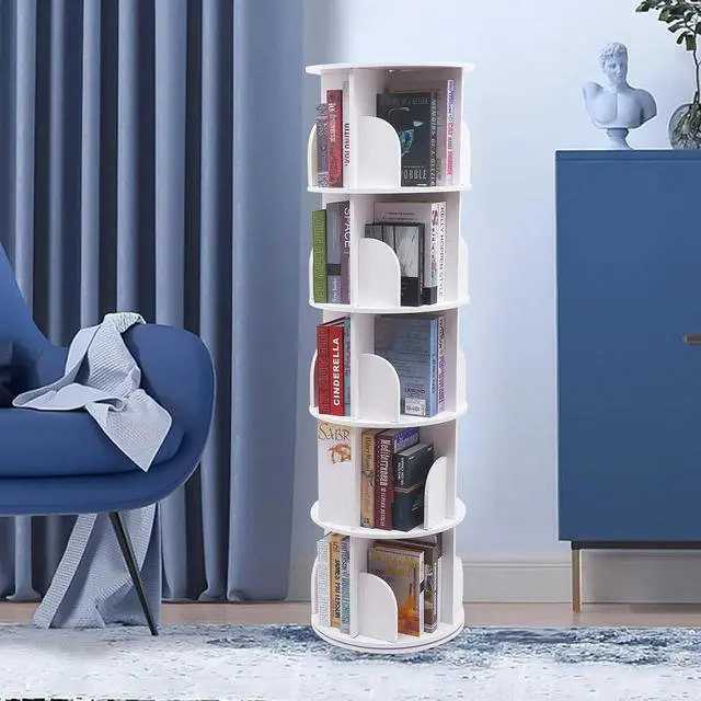Alt view image 4 of 7 - 5 Tier Rotating Bookshelf - 360 View Display Unique Revolving Storage Rack, Floor Standing Stackable Bookshelf Organizer, Small Corner Bookshelf for Small Space