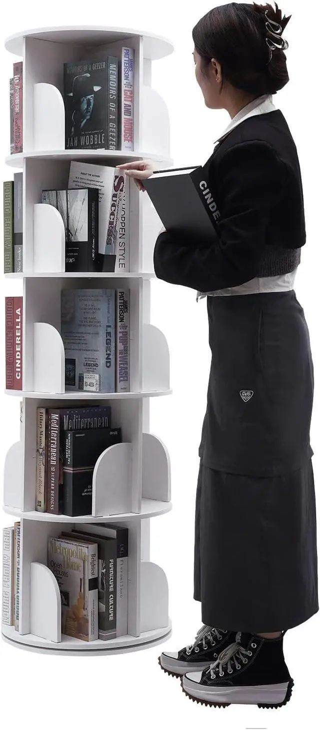 Alt view image 6 of 7 - 5 Tier Rotating Bookshelf - 360 View Display Unique Revolving Storage Rack, Floor Standing Stackable Bookshelf Organizer, Small Corner Bookshelf for Small Space
