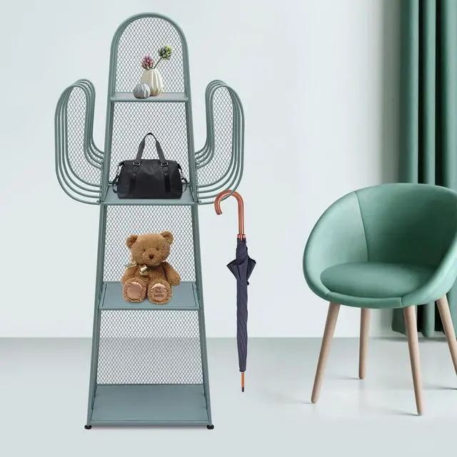 Alt view image 4 of 7 - 4 Tier Bookshelf, Green Cactus Bookcase Freestanding Bookshelves Metal Storage Organizer Corner Display Rack Cabinet for Bedroom Living Room Office