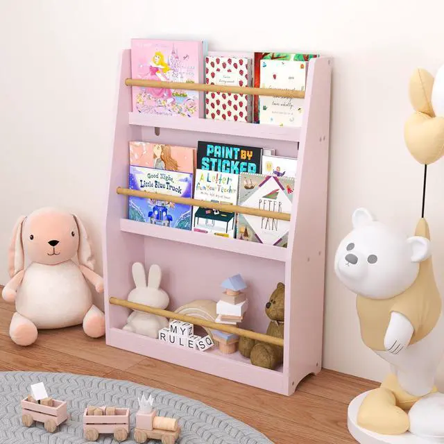 Alt view image 6 of 7 - 3 Tier Kids Bookshelf and Toy Storage Organizer, Wooden Book Rack for Toddlers Infants Baby Young Children, Kids Toy Storage Shelf Display for Bedroom Playroom Nursery Kid Room, Pink