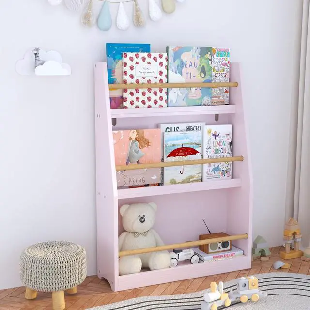 Alt view image 7 of 7 - 3 Tier Kids Bookshelf and Toy Storage Organizer, Wooden Book Rack for Toddlers Infants Baby Young Children, Kids Toy Storage Shelf Display for Bedroom Playroom Nursery Kid Room, Pink