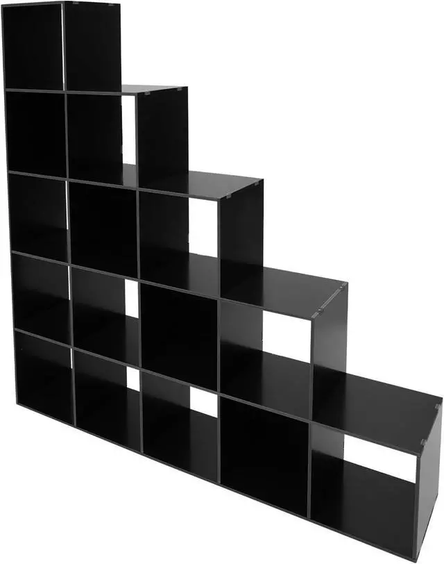 Alt view image 7 of 7 - 5-Tier Stepped Bookshelf Freestanding 15 Cubes Ladder Bookcase L Shaped Ladder Corner Open Bookshelf for Home & Office (Black, 15 Cubes)