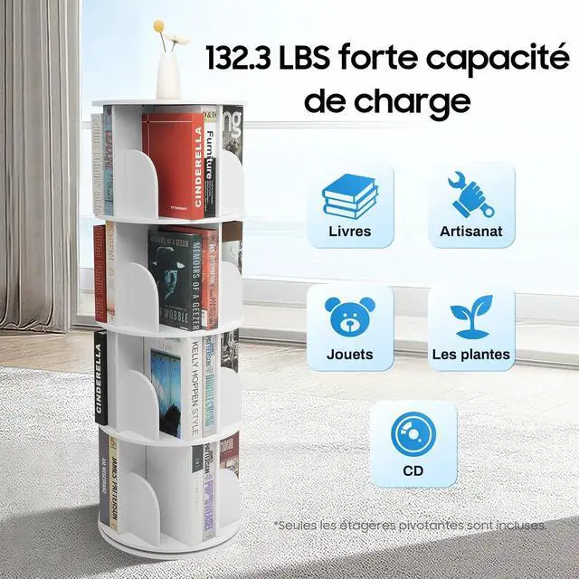 Alt view image 2 of 7 - 4-Tier Rotating Bookshelf, Spinning Bookcase Lazy Susan, Revolving 360 Book Shelf Storage Round Carousel, Vertical Rotate Turning Spiral Corner Organizer for Study Room, Bedroom, Living Room, Office