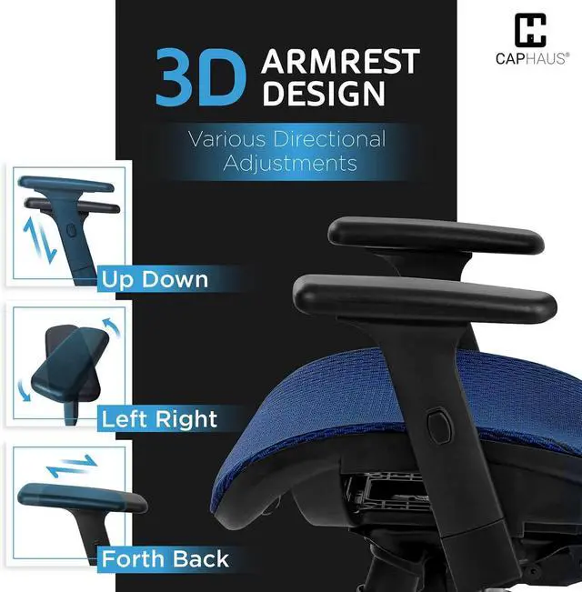 Alt view image 6 of 7 - Premium Executive Rolling Swivel Chair with Wheels, Ergonomic Office Desk Chair with 3D Adjustable Armrest, 3D Lumbar Support & 2D Headrest, High Back Computer Chair w/Class 3 Cylinder, Blue