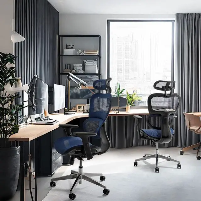 Alt view image 2 of 7 - Premium Executive Rolling Swivel Chair with Wheels, Ergonomic Office Desk Chair with 3D Adjustable Armrest, 3D Lumbar Support & 2D Headrest, High Back Computer Chair w/Class 3 Cylinder, Blue