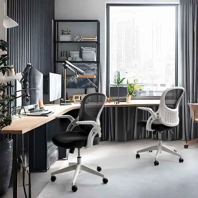 Alt view image 2 of 7 - Ergonomic Flip-Up Office Chair, Breathable Mesh Cushion Desk Chair, Lumbar Support Swivel Task Rolling Chair with Wheels, Adjustable Height Home Computer Chair, Class 3 Cylinder, White Frame
