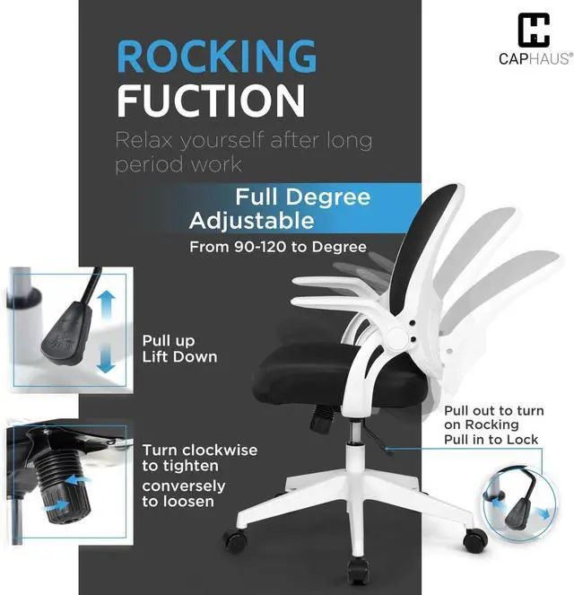 Alt view image 5 of 7 - Ergonomic Flip-Up Office Chair, Breathable Mesh Cushion Desk Chair, Lumbar Support Swivel Task Rolling Chair with Wheels, Adjustable Height Home Computer Chair, Class 3 Cylinder, White Frame