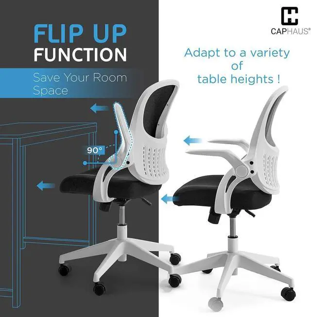Alt view image 6 of 7 - Ergonomic Flip-Up Office Chair, Breathable Mesh Cushion Desk Chair, Lumbar Support Swivel Task Rolling Chair with Wheels, Adjustable Height Home Computer Chair, Class 3 Cylinder, White Frame