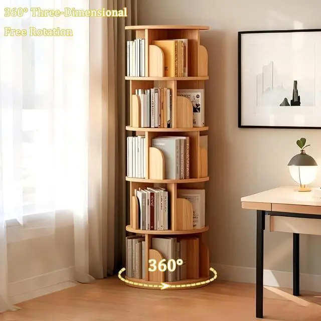 Alt view image 6 of 7 - 6 Tier Rotating Bookshelf with Drawer, 360° Display Round Spinning Bookcase with Wheels, Space-Saving, Small Space Swivel Book Tower for Bedroom, Living Room