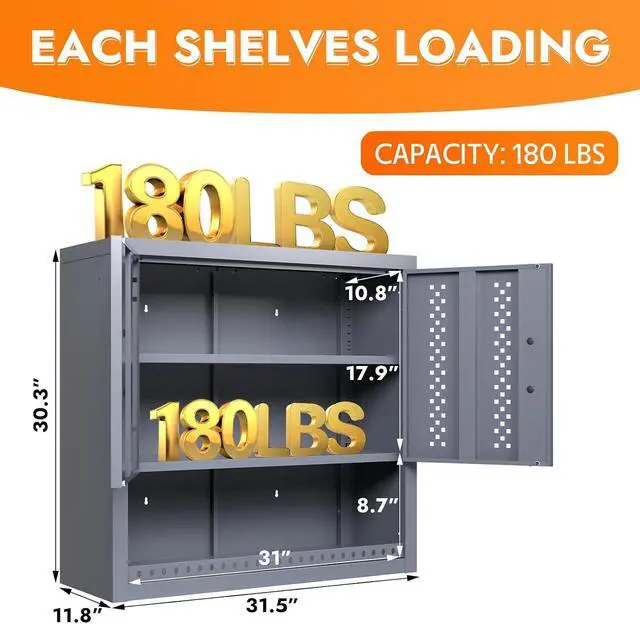 Alt view image 2 of 7 - Metal Wall Storage Cabinet with Adjustable Shelf Steel Wall Mounted Garage Storage Cabinet with Doors for Basement Utility Room Warehouse Kitchen