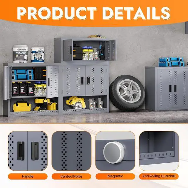 Alt view image 4 of 7 - Metal Wall Storage Cabinet with Adjustable Shelf Steel Wall Mounted Garage Storage Cabinet with Doors for Basement Utility Room Warehouse Kitchen
