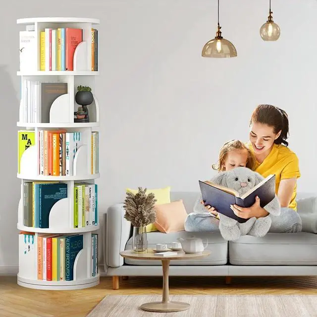 Alt view image 2 of 7 - Rotating Bookshelf Tower, Spinning Bookshelf with 360° Rotation, 5 Tier Wooden Rotating Book Shelf for Kids Rooms, Living Room, Office (White, 5 Tier)
