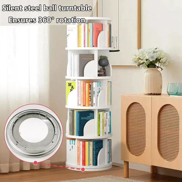 Alt view image 3 of 7 - Rotating Bookshelf Tower, Spinning Bookshelf with 360° Rotation, 5 Tier Wooden Rotating Book Shelf for Kids Rooms, Living Room, Office (White, 5 Tier)