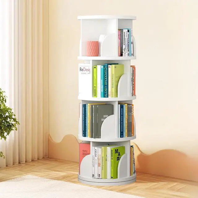 Main image of Rotating Bookshelf Tower, Spinning Bookshelf with 360° Rotation, 4 Tier Wooden Rotating Book Shelf for Kids Rooms, Living Room, Office (White, 4 Tier)
