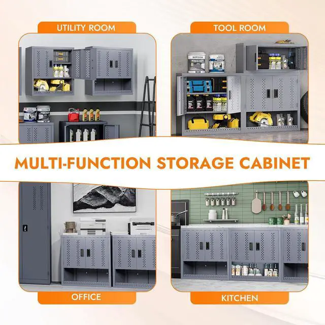 Alt view image 7 of 7 - Metal Wall Storage Cabinet with Adjustable Shelf Steel Wall Mounted Garage Storage Cabinet with Doors for Basement Utility Room Warehouse Kitchen