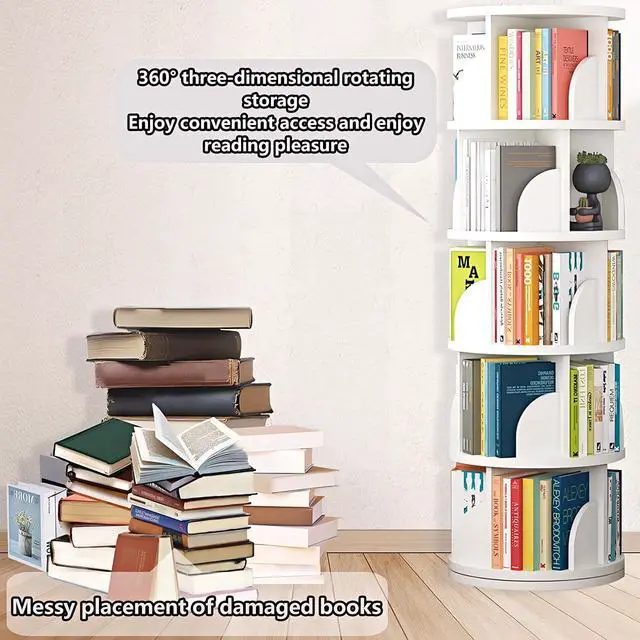 Alt view image 7 of 7 - Rotating Bookshelf Tower, Spinning Bookshelf with 360° Rotation, 5 Tier Wooden Rotating Book Shelf for Kids Rooms, Living Room, Office (White, 5 Tier)
