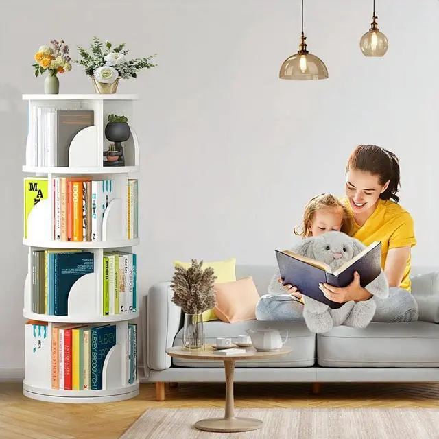 Alt view image 2 of 7 - Rotating Bookshelf Tower, Spinning Bookshelf with 360° Rotation, 4 Tier Wooden Rotating Book Shelf for Kids Rooms, Living Room, Office (White, 4 Tier)