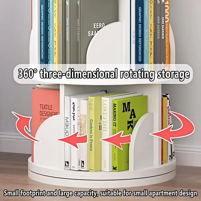 Alt view image 5 of 7 - Rotating Bookshelf Tower, Spinning Bookshelf with 360° Rotation, 5 Tier Wooden Rotating Book Shelf for Kids Rooms, Living Room, Office (White, 5 Tier)