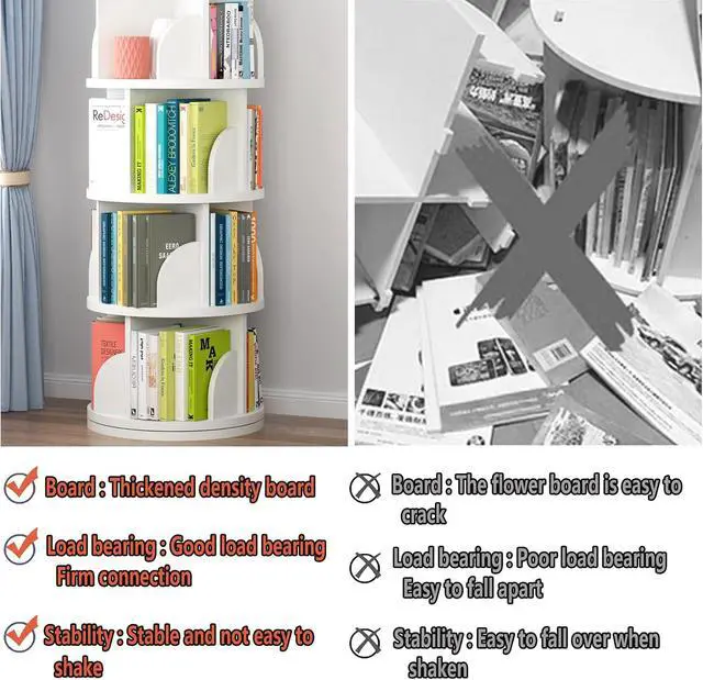 Alt view image 6 of 7 - Rotating Bookshelf Tower, Spinning Bookshelf with 360° Rotation, 5 Tier Wooden Rotating Book Shelf for Kids Rooms, Living Room, Office (White, 5 Tier)