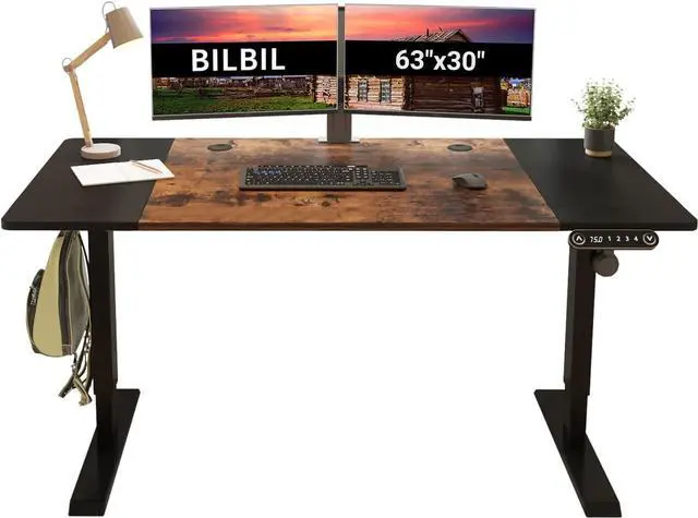 Main image of 63 x 30 Inches Electric Standing Desk, Height Adjustable Sit Stand Table with Splice Board, Stand up Home Office Desk, Black Frame/Black and Rustic Brown Top
