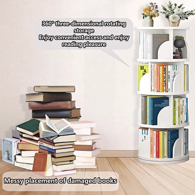 Alt view image 7 of 7 - Rotating Bookshelf Tower, Spinning Bookshelf with 360° Rotation, 4 Tier Wooden Rotating Book Shelf for Kids Rooms, Living Room, Office (White, 4 Tier)