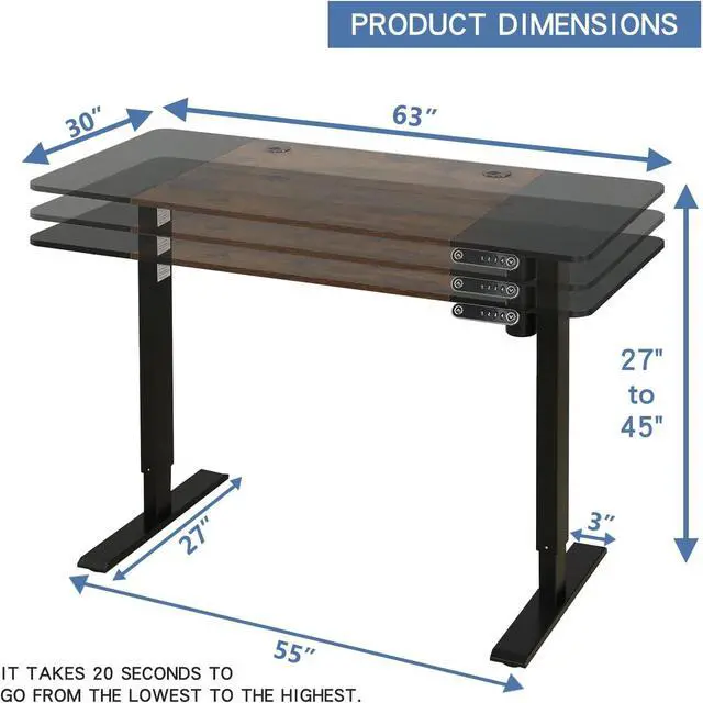 Alt view image 3 of 7 - 63 x 30 Inches Electric Standing Desk, Height Adjustable Sit Stand Table with Splice Board, Stand up Home Office Desk, Black Frame/Black and Rustic Brown Top