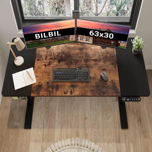 Alt view image 2 of 7 - 63 x 30 Inches Electric Standing Desk, Height Adjustable Sit Stand Table with Splice Board, Stand up Home Office Desk, Black Frame/Black and Rustic Brown Top