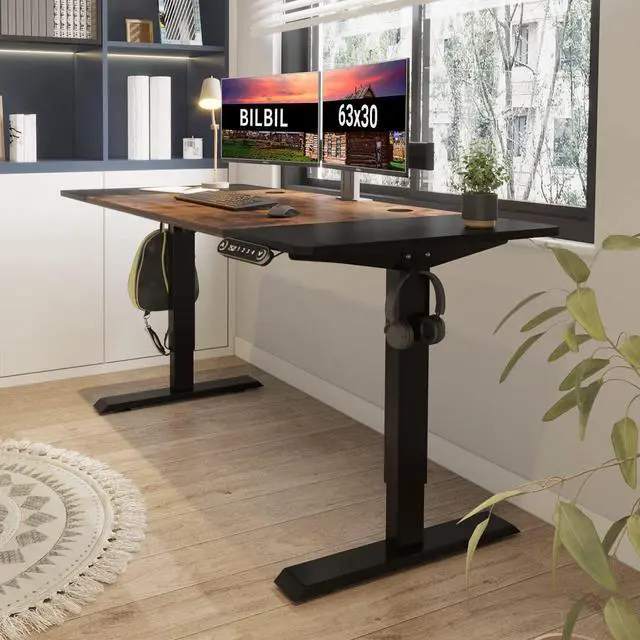Alt view image 4 of 7 - 63 x 30 Inches Electric Standing Desk, Height Adjustable Sit Stand Table with Splice Board, Stand up Home Office Desk, Black Frame/Black and Rustic Brown Top