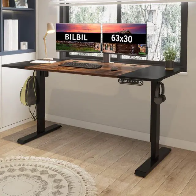 Alt view image 7 of 7 - 63 x 30 Inches Electric Standing Desk, Height Adjustable Sit Stand Table with Splice Board, Stand up Home Office Desk, Black Frame/Black and Rustic Brown Top
