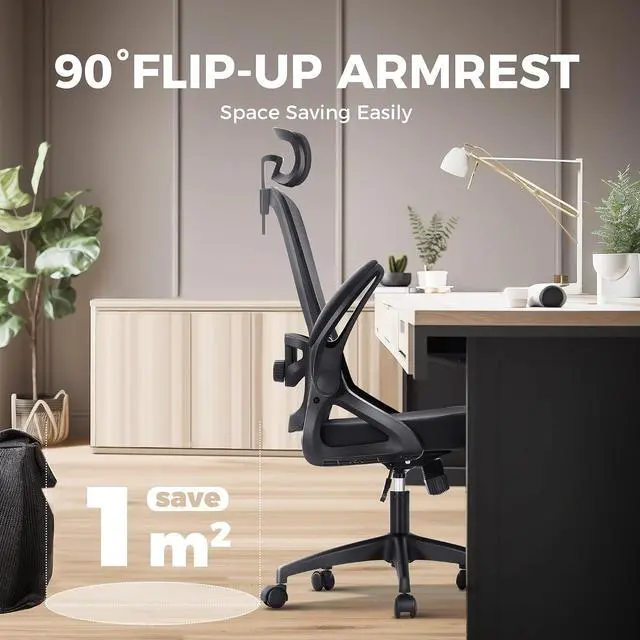 Alt view image 4 of 7 - Ergonomic Office Desk Chair, Breathable Mesh Computer Chair with Adjustable Lumbar Support, Headrest and Flip up Armrests, Comfortable Task/Executive Chair for Home Office