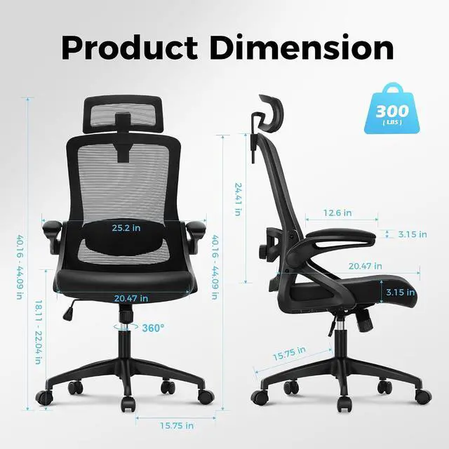 Alt view image 3 of 7 - Ergonomic Office Desk Chair, Breathable Mesh Computer Chair with Adjustable Lumbar Support, Headrest and Flip up Armrests, Comfortable Task/Executive Chair for Home Office