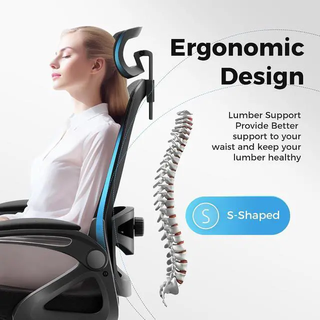 Alt view image 6 of 7 - Ergonomic Office Desk Chair, Breathable Mesh Computer Chair with Adjustable Lumbar Support, Headrest and Flip up Armrests, Comfortable Task/Executive Chair for Home Office