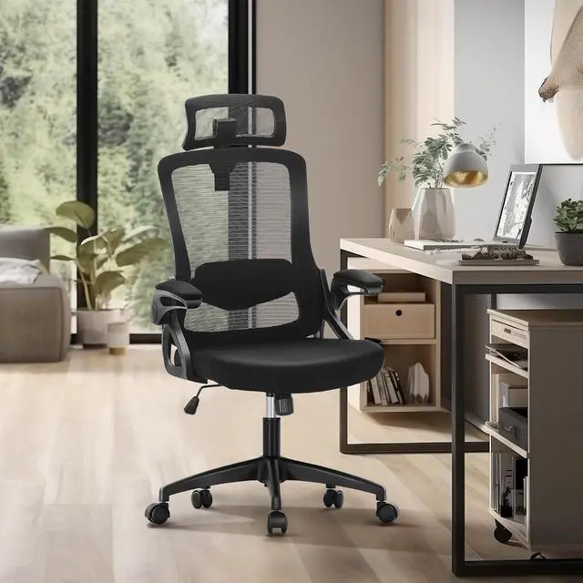 Alt view image 2 of 7 - Ergonomic Office Desk Chair, Breathable Mesh Computer Chair with Adjustable Lumbar Support, Headrest and Flip up Armrests, Comfortable Task/Executive Chair for Home Office