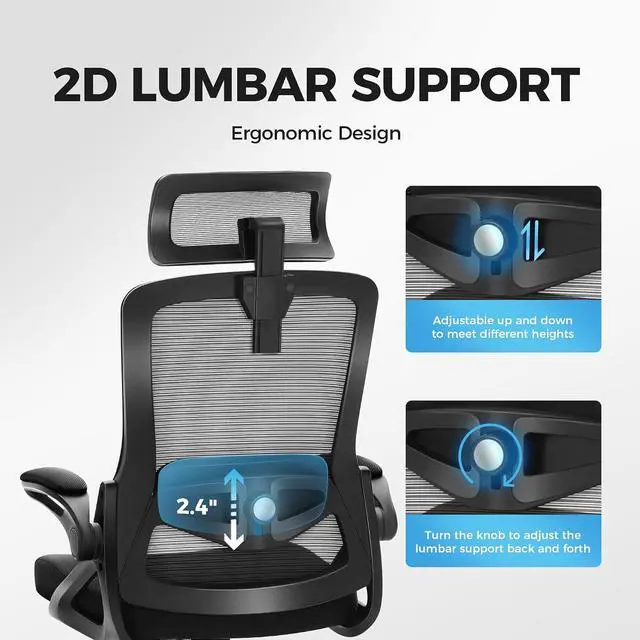 Alt view image 5 of 7 - Ergonomic Office Desk Chair, Breathable Mesh Computer Chair with Adjustable Lumbar Support, Headrest and Flip up Armrests, Comfortable Task/Executive Chair for Home Office